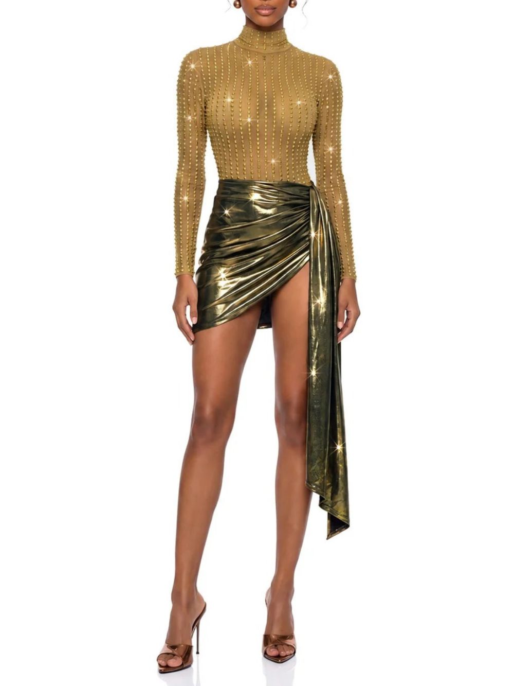 Cuvano Rhinestone Draped Skirt Set In Gold Flowering Girl