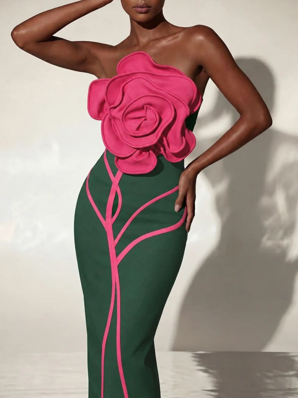Caldren Strapless Flower Bandage Midi Dress In Green Flowering Girl