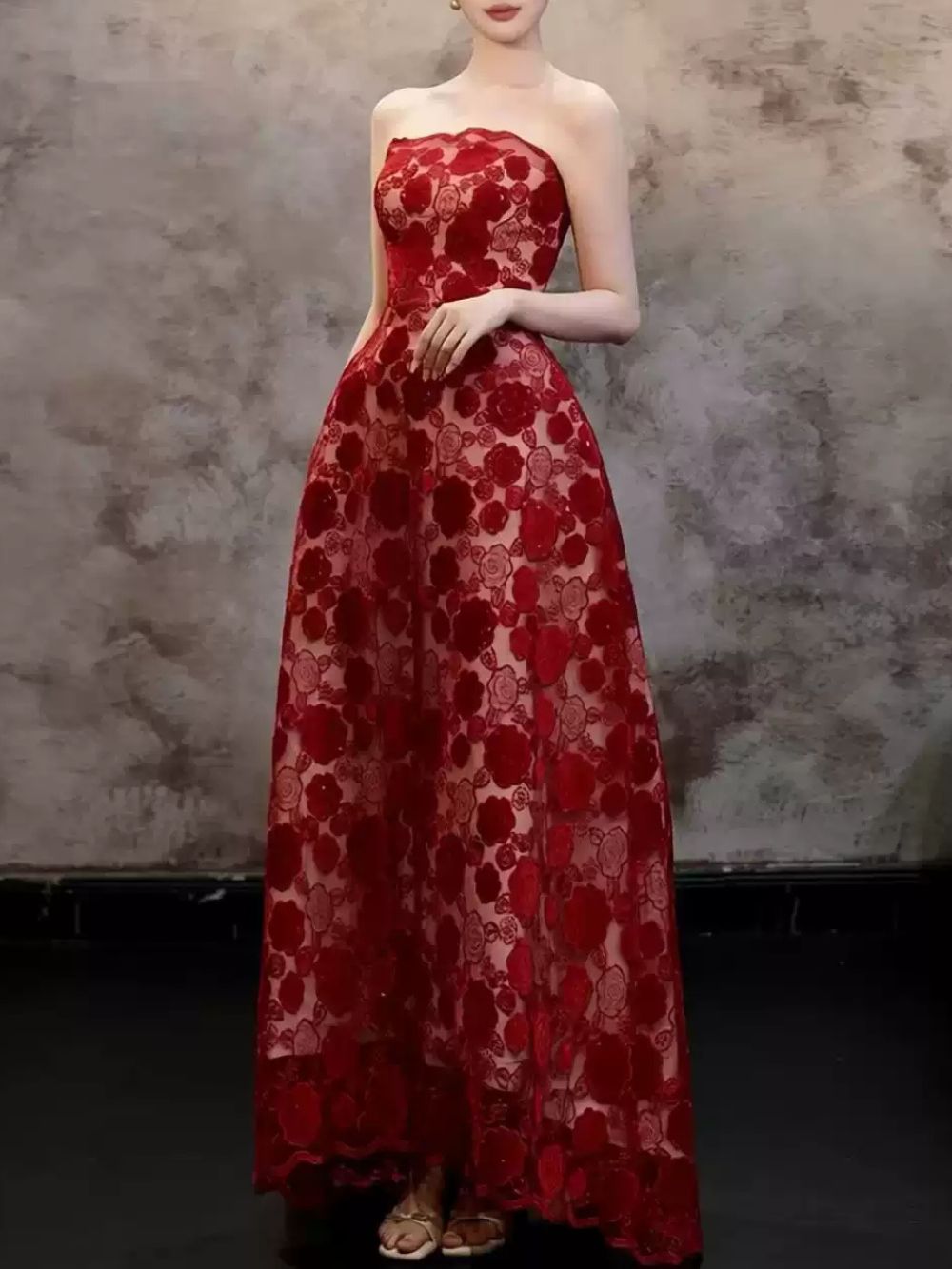 MyAnna Red Strapless Floral Maxi Dress