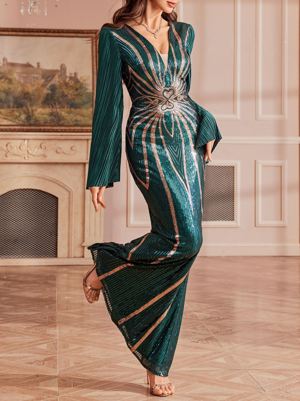 Miko Green Sequin Long Sleeve Maxi Dress Flowering Girl