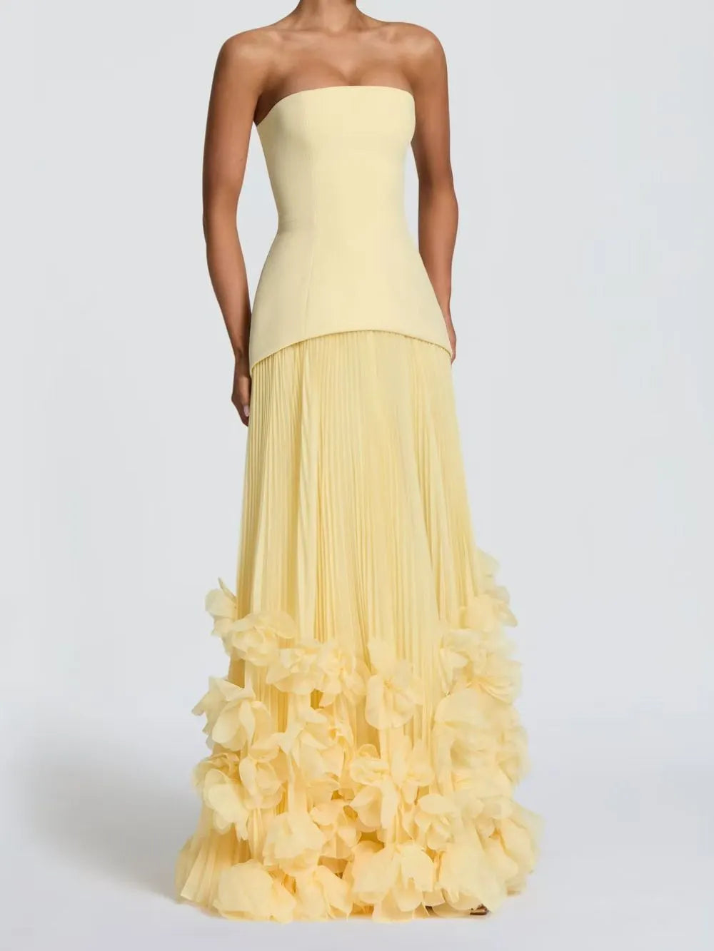 Ovarq Strapless Pleated Flower Maxi Dress In Yellow Flowering Girl