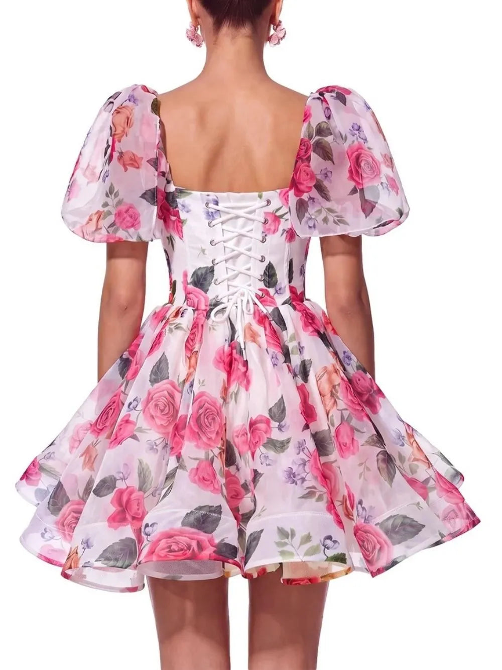 Fern Cape Sleeve Floral Organza Mini Dress Flowering Girl