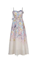 Pastel Floral Print Spaghetti Strap Midi Dress With 3D Flower Appliqués Flowering Girl