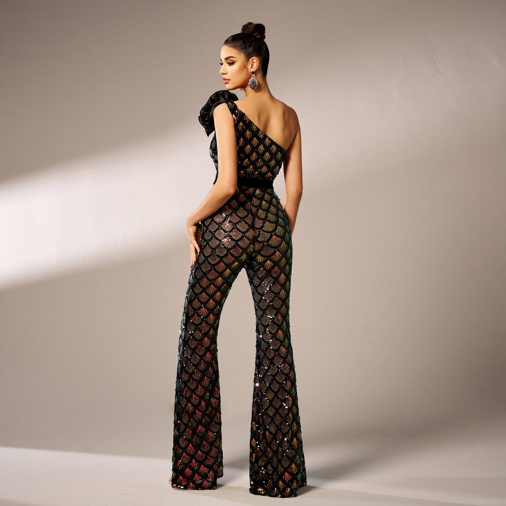 Mermaid Scale Floral One-Shoulder Sequin Jumpsuit Flowering Girl