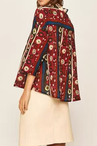 Multicolor Folk Floral Print Three-Quarter Sleeve Button-Down Shirt Flowering Girl