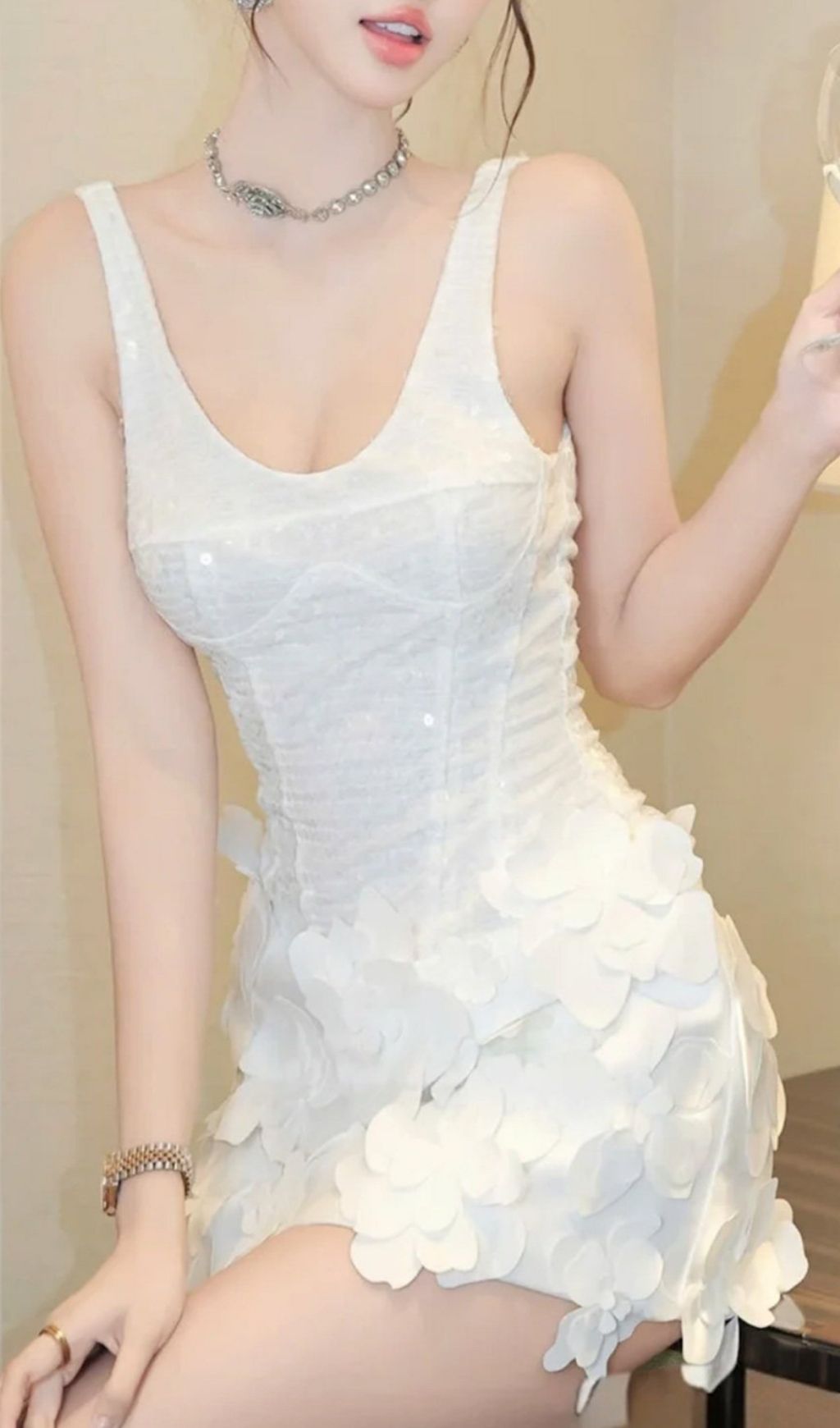 Kami White Strappy Sequin Flower Mini Dress Flowering Girl