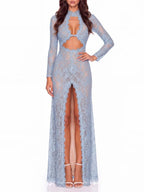 Mareike Long Sleeve Lace Split Maxi Dress In Blue Flowering Girl