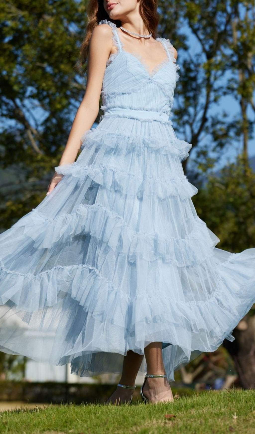 Blue Ruffle V Neck Sleeveless Tiered Tulle Maxi Dress Flowering Girl