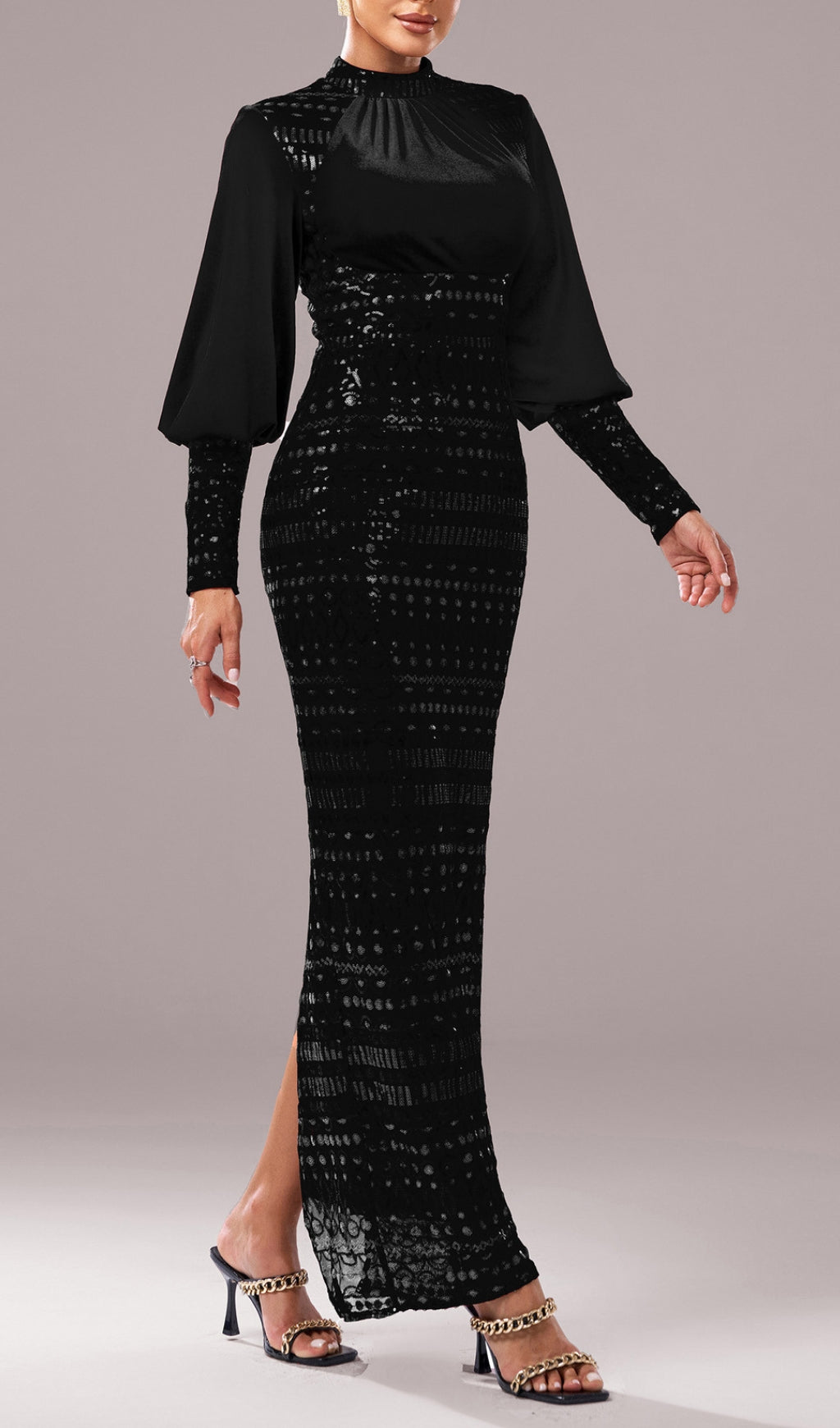 Sequin Long Sleeve Maxi Dress In Black Flowering Girl