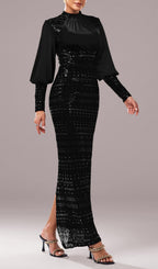 Sequin Long Sleeve Maxi Dress In Black Flowering Girl