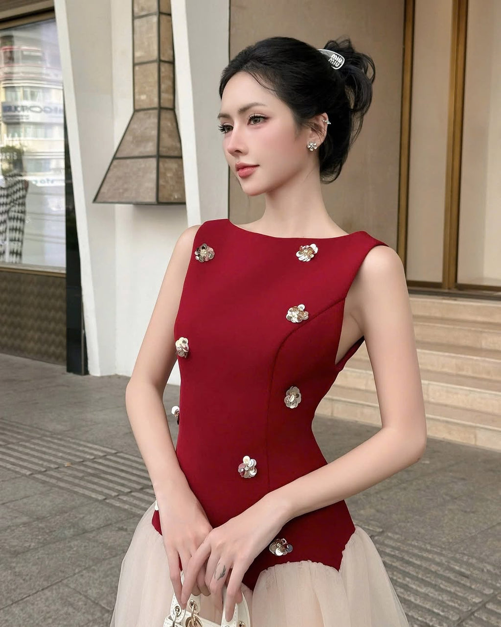 Beryl 3D Flower Patchwork Tulle Mini Dress In Red Flowering Girl