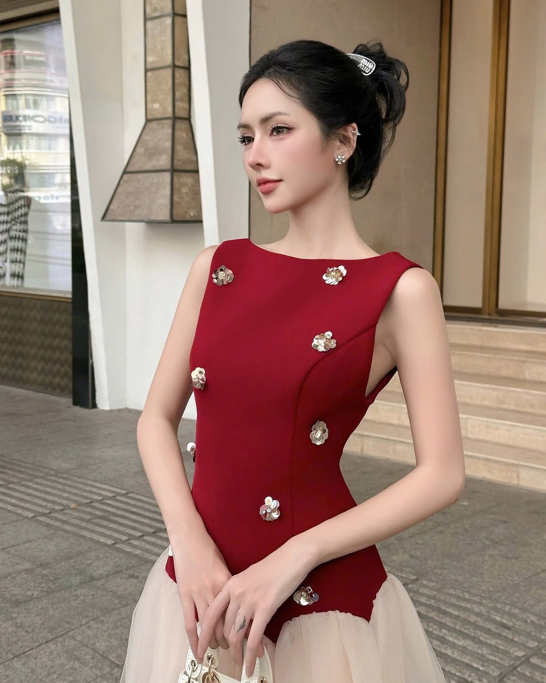 Beryl 3D Flower Patchwork Tulle Mini Dress In Red Flowering Girl