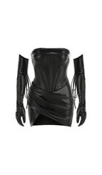 Pu Strapless Pleated Irregular Hem Mini Dress - Black Flowering Girl