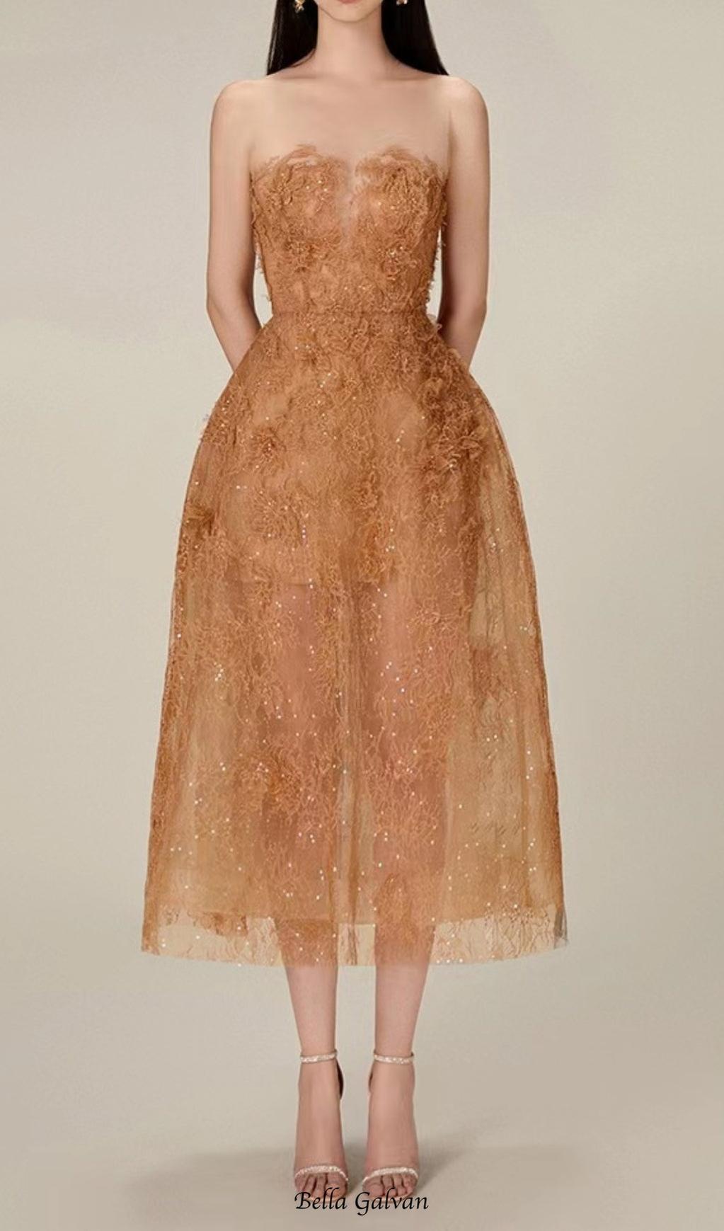 CARAMEL FLORAL LACE EMBROIDER MIDI DRESS Flowering Girl