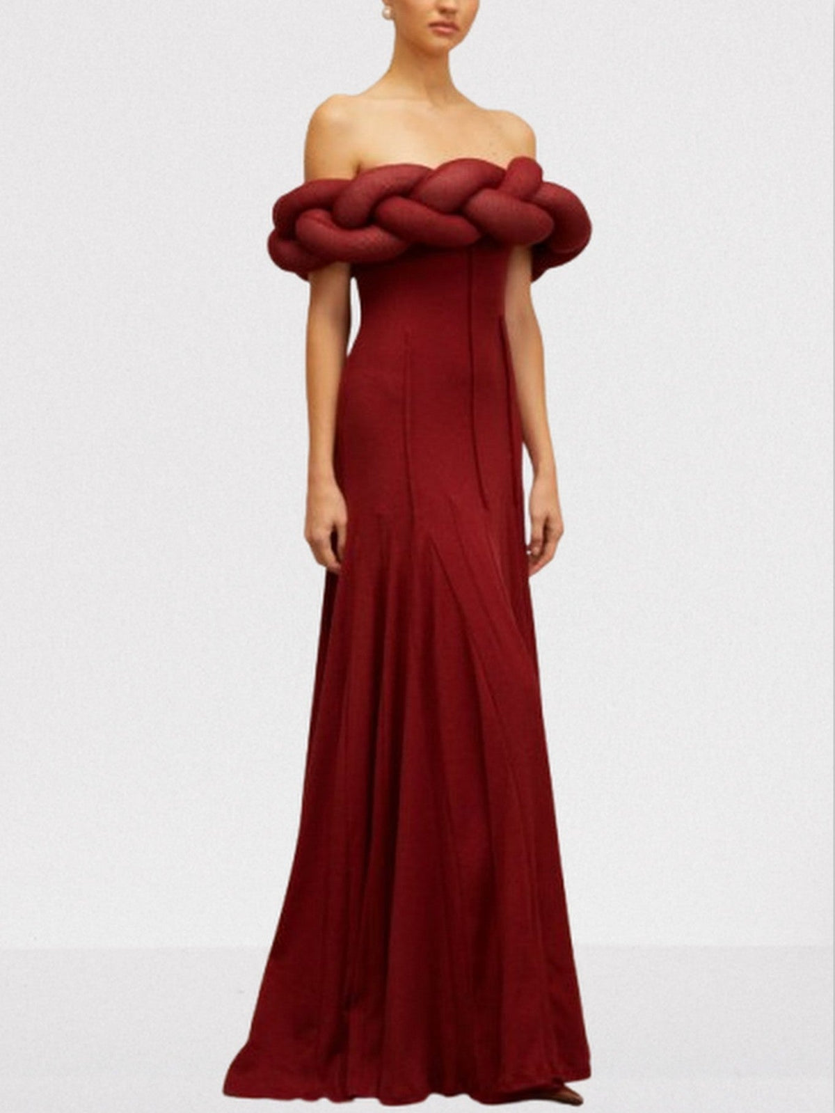 Padded Braided Off-Shoulder Maxi Dress in burgundy Flowering Girl