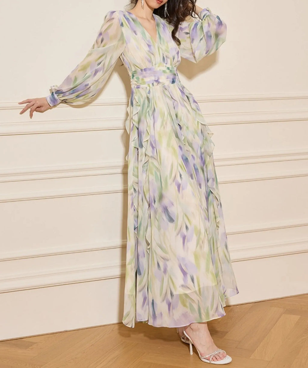 Rachel Multicolor v-Neck Floral Print Lantern Sleeve Maxi Dress Flowering Girl