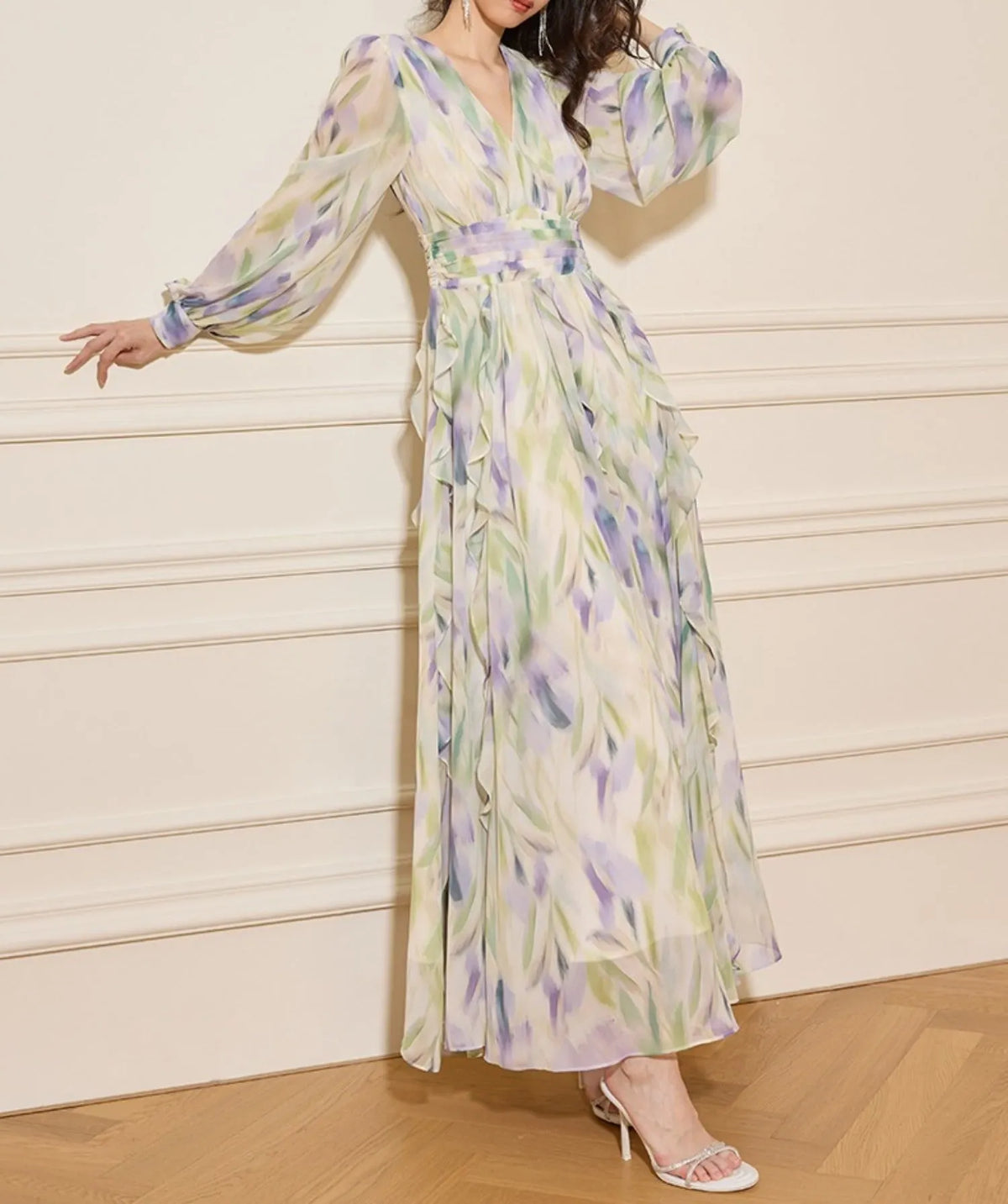 Rachel Multicolor v-Neck Floral Print Lantern Sleeve Maxi Dress Flowering Girl