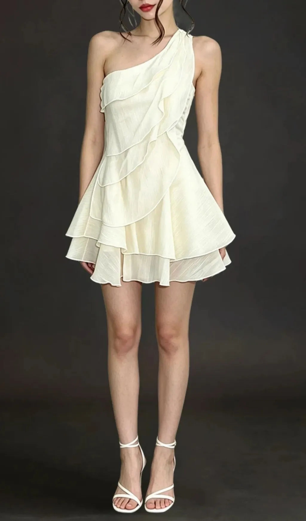 Evelyn One-Shoulder Layered Ruffle Mini Dress - Apricot Flowering Girl