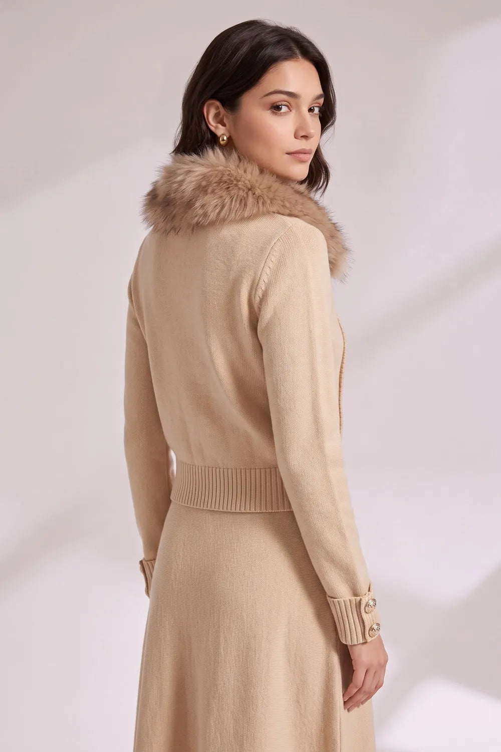 Beige Fine Knit Wool Or Cashmere Blend Fitted, Cropped Knit Cardigan Jacket Flowering Girl