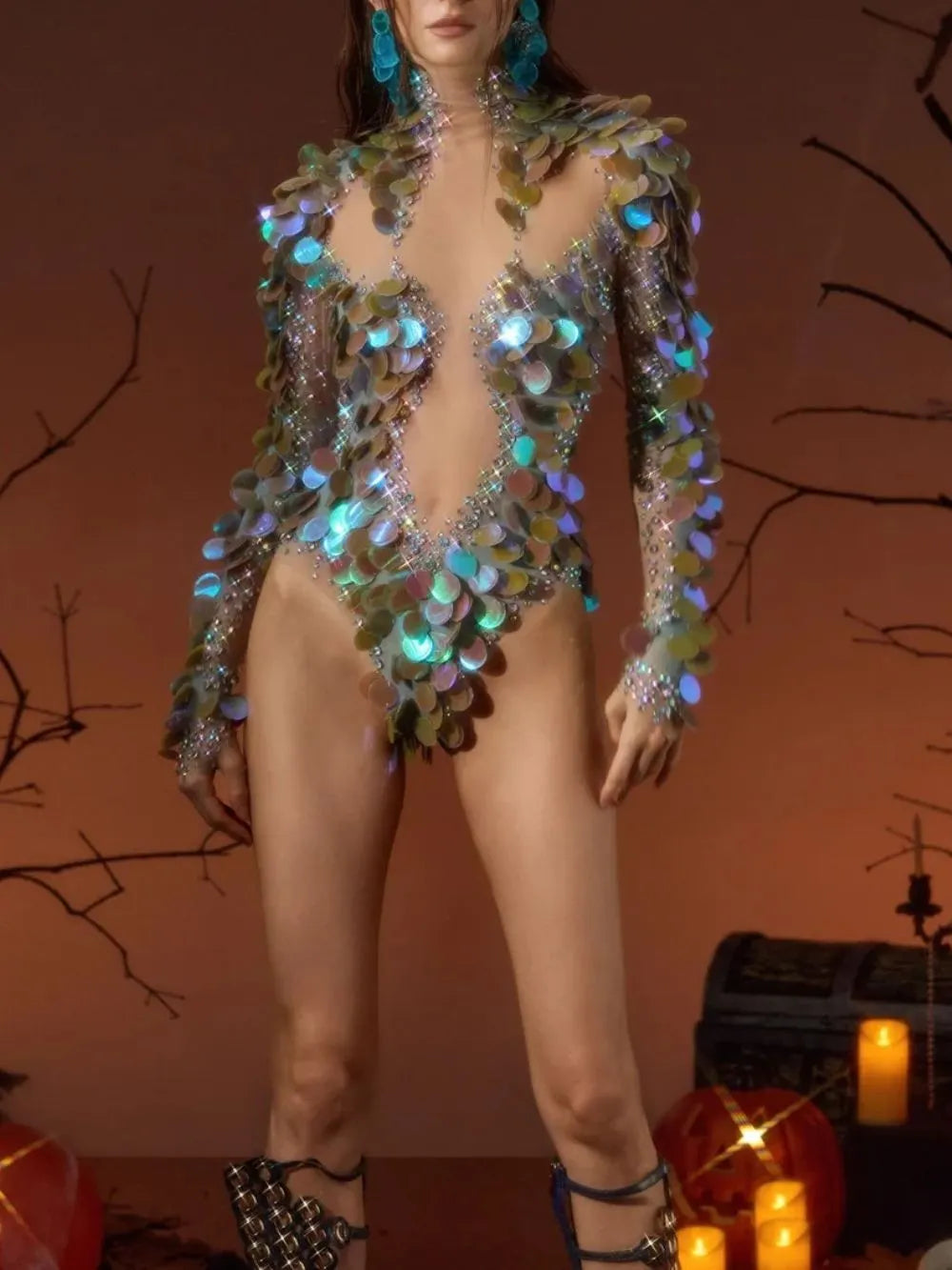 Githa Sequin Rhinestone Mesh Bodysuit Flowering Girl