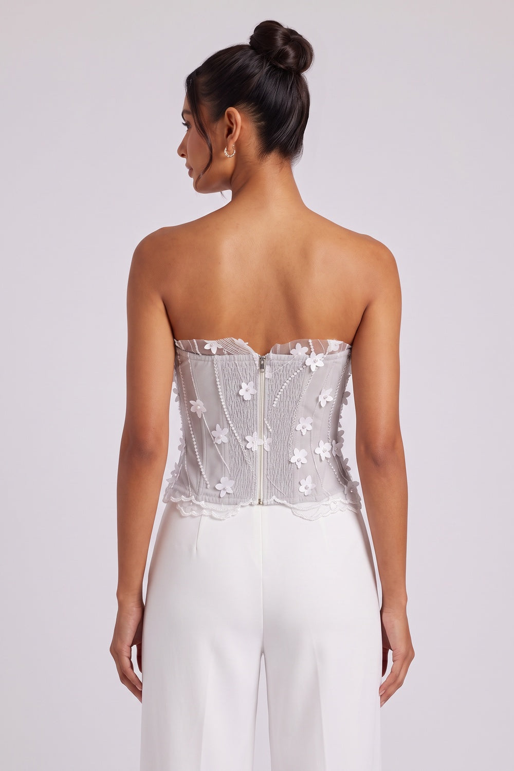 Light Grey Mesh Structured Corset Top with Floral Appliqué Flowering Girl
