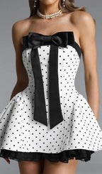 Octavia White Bow Polka Dot Woven Strapless Mini Dress Flowering Girl