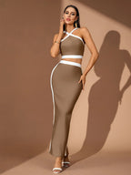 Cora White Striped Patchwork Maxi Bandage Set - Brown Flowering Girl