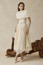 kelly beige Cape Sleeve Ruffle Midi Dress with belt Flowering Girl
