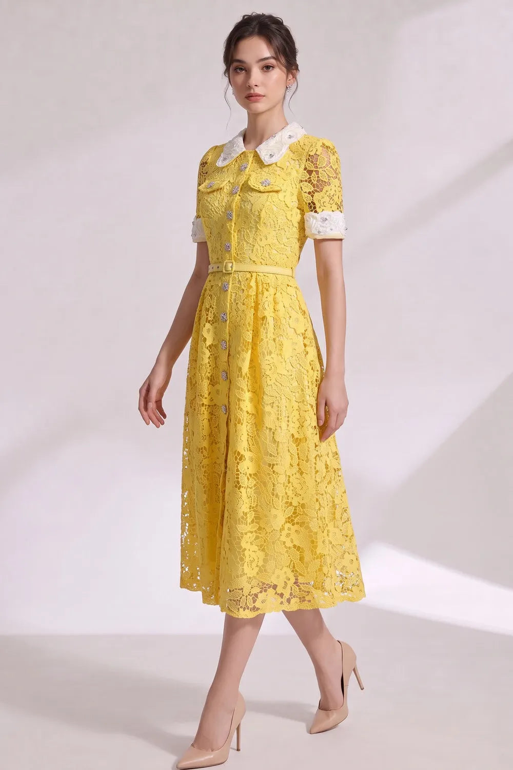 Yellow Guipure Floral Lace A-Line Midi Dress Flowering Girl