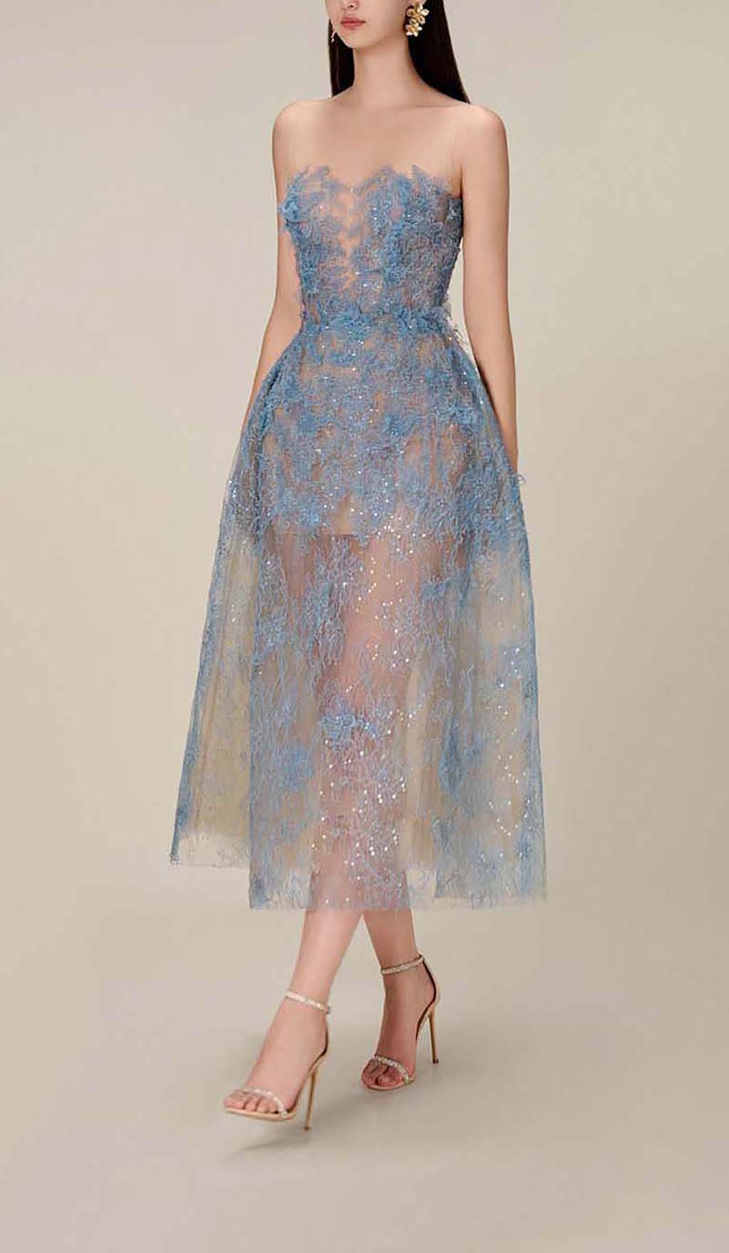 Allyson Blue Floral Lace Embroider Midi Dress Flowering Girl