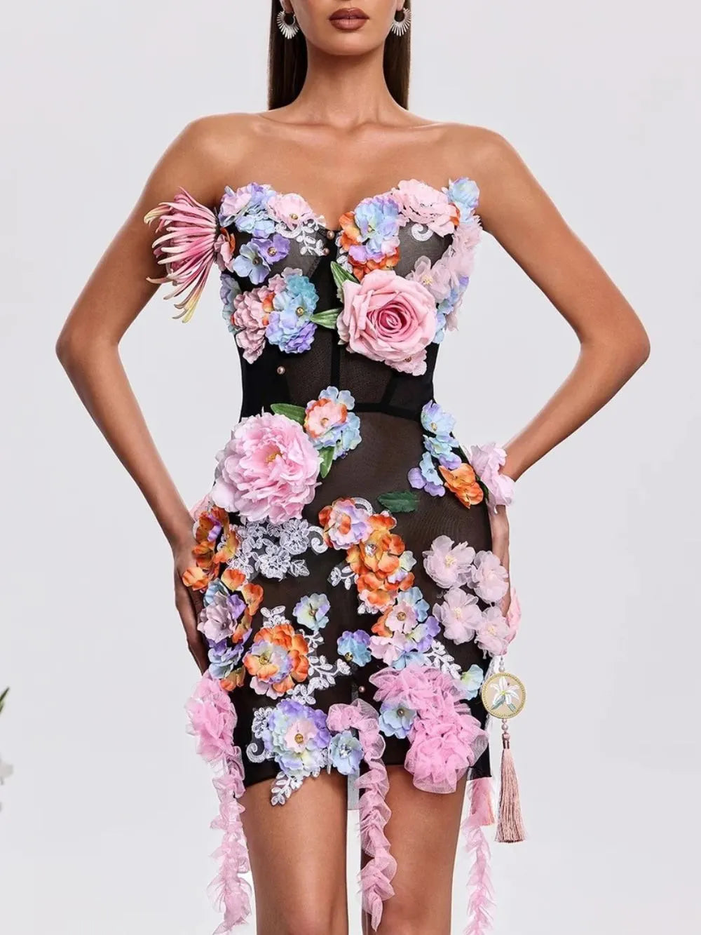 Jaldex Strapless Flower Mini Dress In Black Flowering Girl