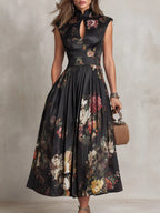 Black Keyhole Collar Floral Pleated Satin Midi Dress Flowering Girl