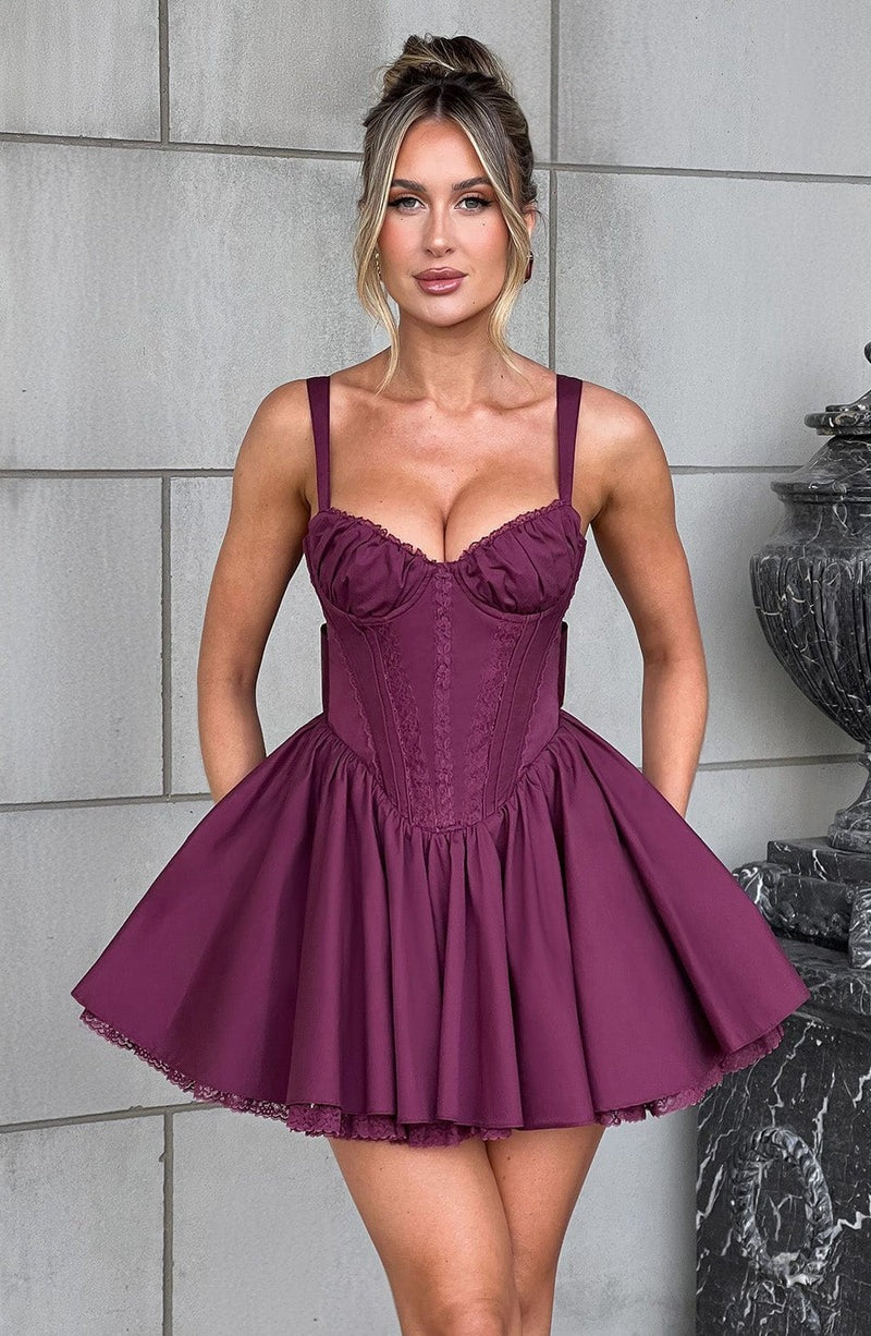 Lace Ruffle Trim Corset Mini Dress In Purple Flowering Girl