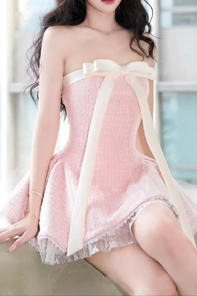 Bow Woven Lace Tube Top Mini Dress In Pink Flowering Girl