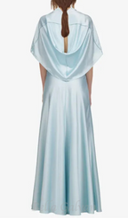 Glossy Silk Twill Satin Cape Maxi Dress in pale blue Flowering Girl