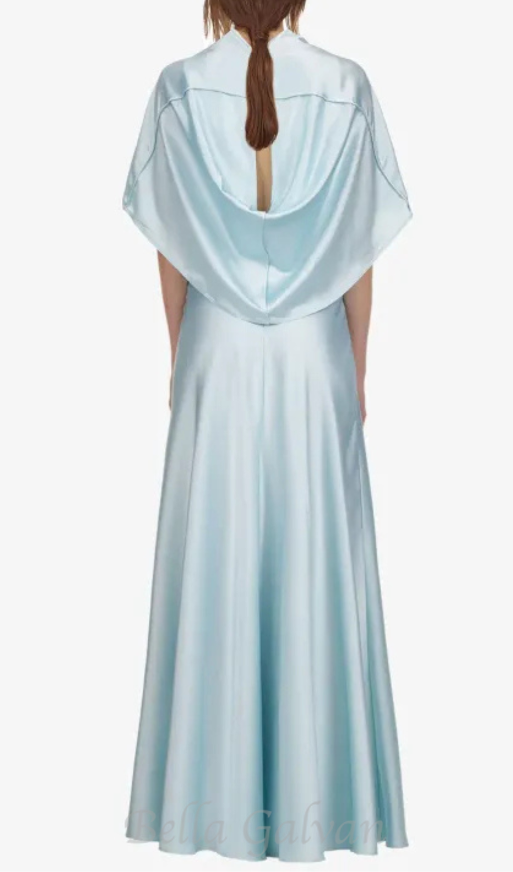 Glossy Silk Twill Satin Cape Maxi Dress in pale blue Flowering Girl