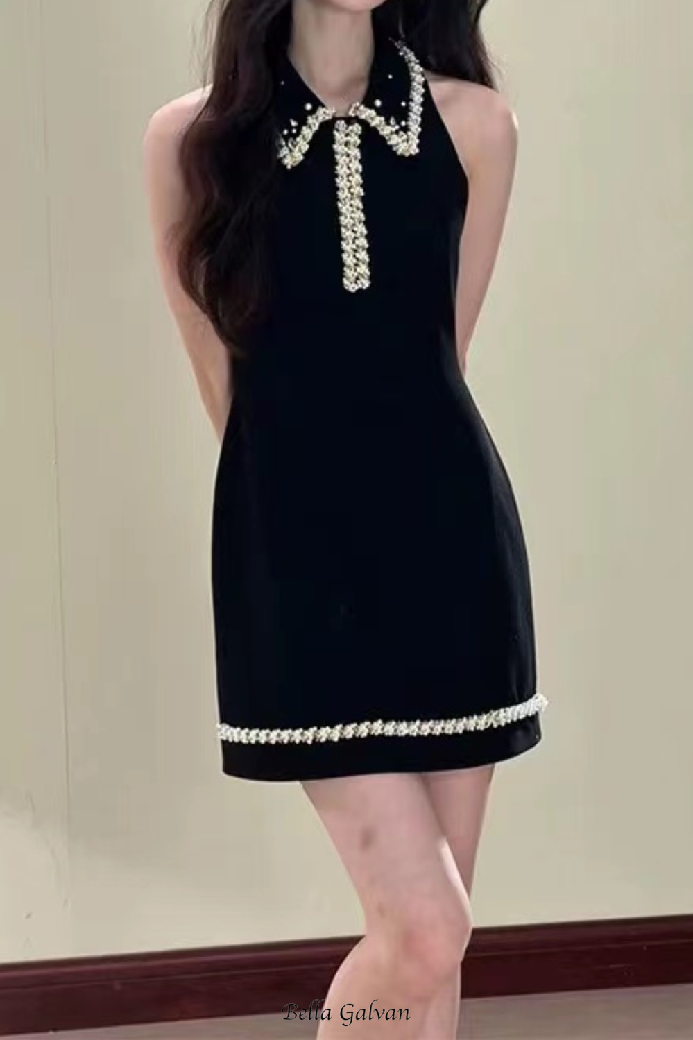 pearl embellished gold chain splice mini dress in black Flowering Girl
