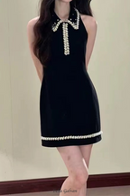 pearl embellished gold chain splice mini dress in black Flowering Girl