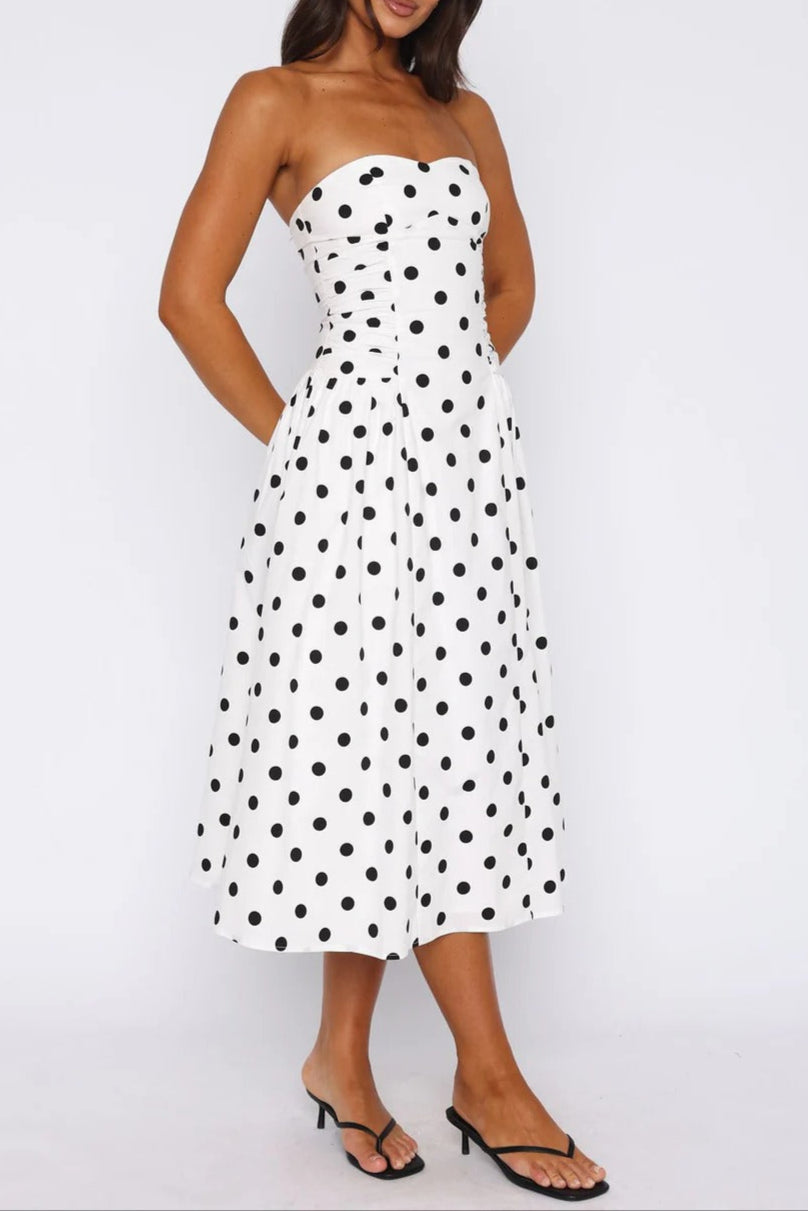 Sandra Polka Dot Strapless Midi Dress In White Flowering Girl