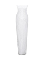 White Satin Sequin Pearls Beaded Maxi Dress Flowering Girl