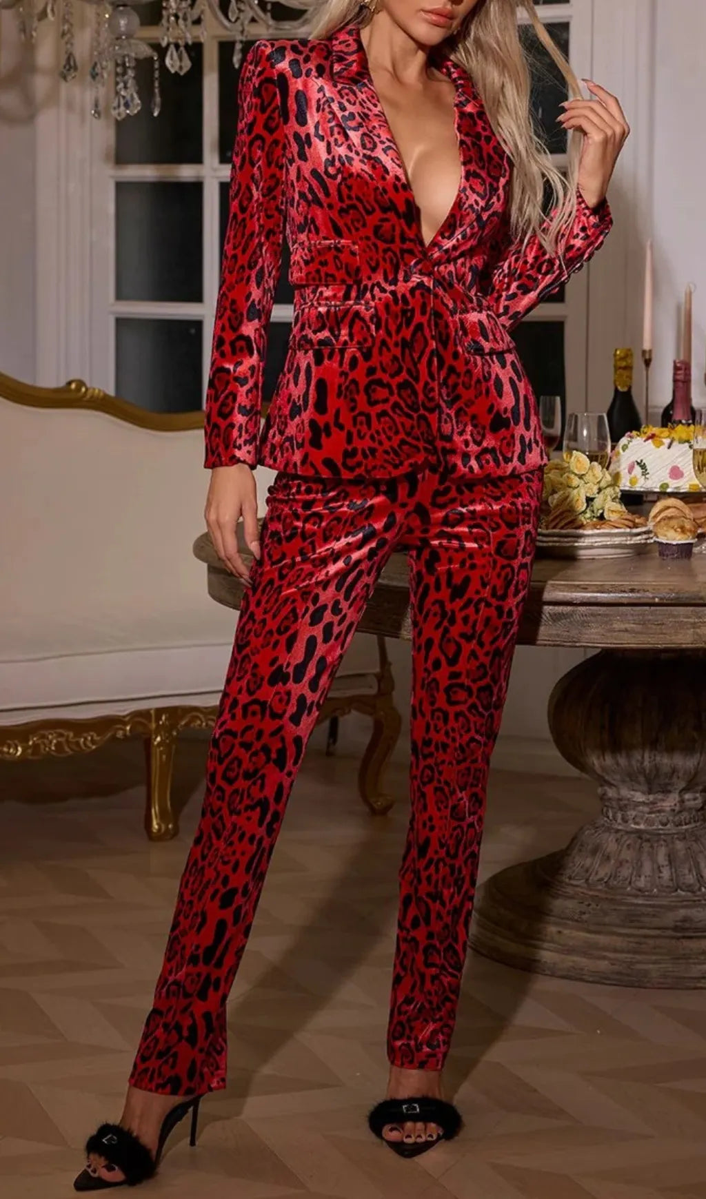 Cliff Red Long Sleeve Leopard Blazer Set Flowering Girl