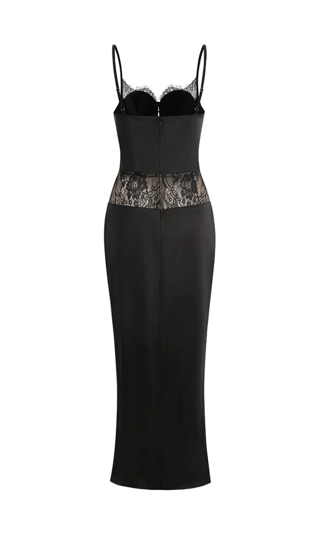 Satin Lace-Trimmed Slit Slip Maxi Dress In Black Flowering Girl