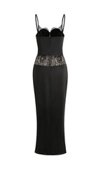 Satin Lace-Trimmed Slit Slip Maxi Dress In Black Flowering Girl