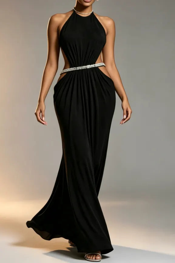 Black High Rhinestone Halter Double Crystal Band Side Waist Cutout Ruched Draped Mermaid Floor Length Formal Dress Flowering Girl