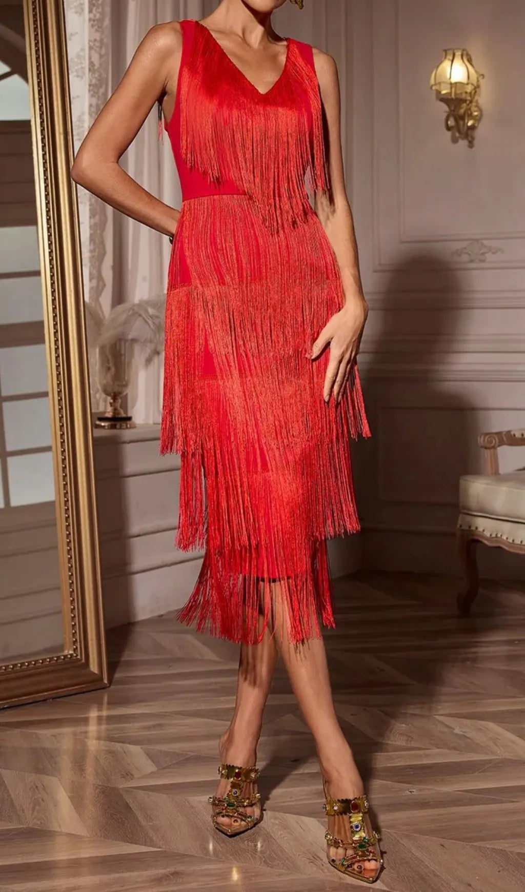 Chava Red V-Neck Fringe Midi Dress Flowering Girl
