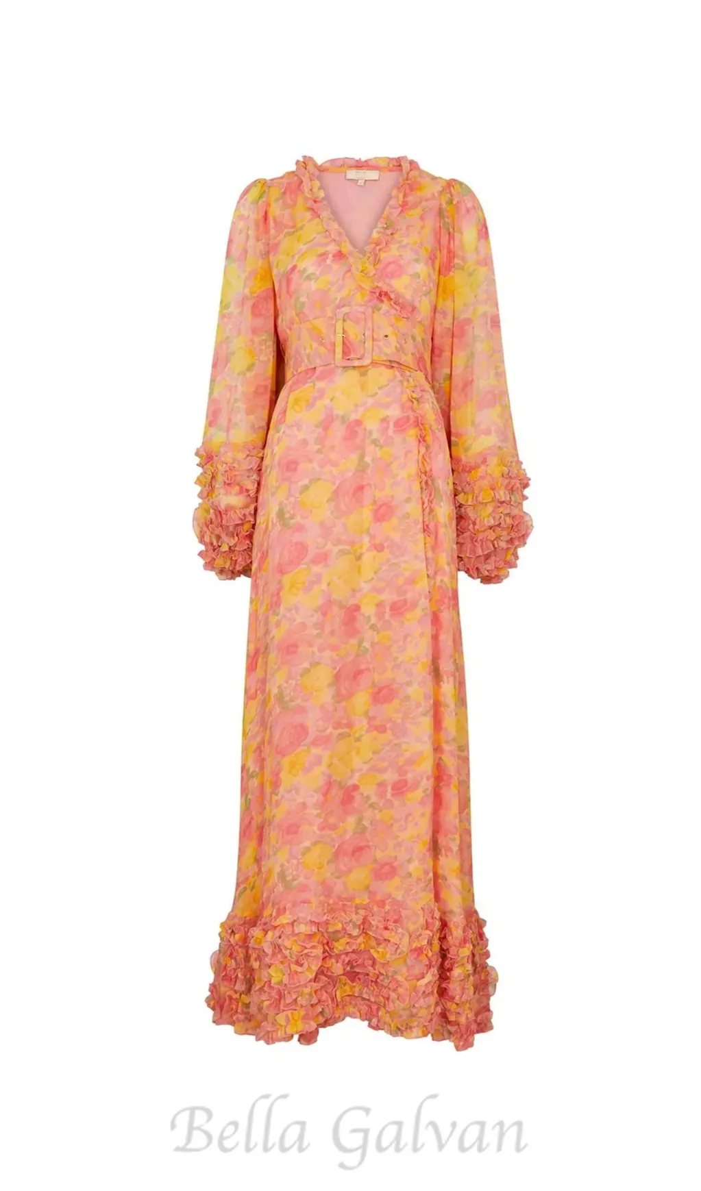 chiffon ruffled wrap maxi dress in orange Flowering Girl