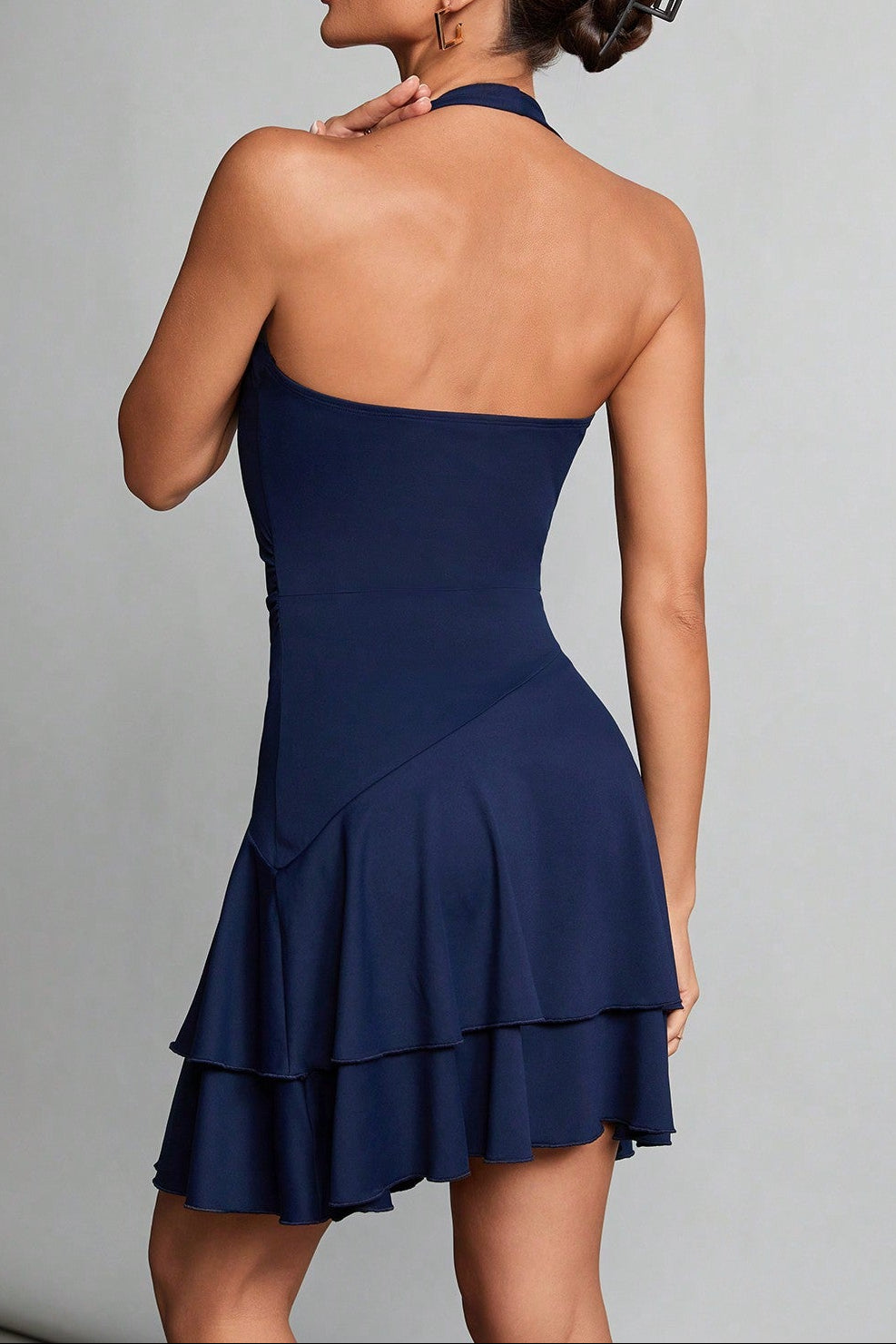 Blue Halter Neck Backless Ruffle Mini Dress Flowering Girl