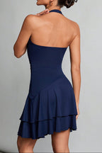 Blue Halter Neck Backless Ruffle Mini Dress Flowering Girl