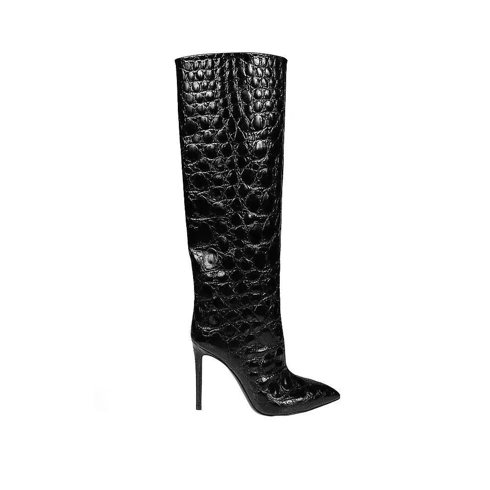 Snake-Print High-Heeled Pointed-Toe Straight-Leg Boots Flowering Girl