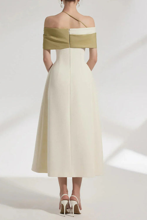 A-Line Open Shoulder Cotton Crepe Midi Dress In Beige Flowering Girl